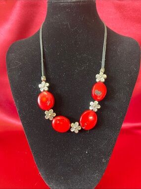 Chunky Red Coral & Silver-tone Flower Spacer Beads Cord Necklace